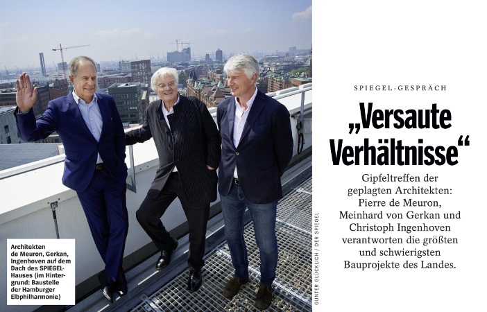 "Spiegel"-Ausriss vom 10. 6. 2013 mit den Architekten de Meuron, Gerkan und Ingenhoven (v. l.).