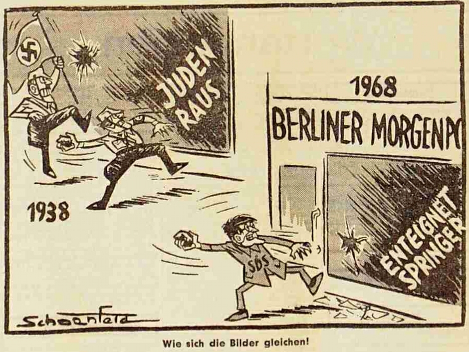 Noch unverhohlener gedeihen die Faschismus-Analogien, nachdem am 2. Februar 1968 bei mehreren "Berliner Morgenpost"-Filialen die Scheiben mit Steinen eingeworfen worden sind. Die Aussage von Karl-Heinz Schoenfelds Karikatur für die Berliner "Bild" (3. Februar 1968) ist damals verbreitet: Auch der Berliner Justizsenator spricht von "faschistischen Methoden".