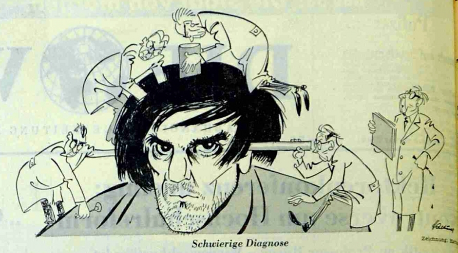 Kein neuer Hitler, aber womöglich ein pathologischer Fall: die Bildunterschrift von Wilhelm Hartungs Karikatur für "Die Welt" (21. Februar 1968) lädt zum Deuten ein. Mehrere Männchen versuchen zu ergründen, was in Dutschkes Kopf vorgeht – nach Kugeln suchen sie nicht, es ist noch sechs Wochen vor dem Attentat.