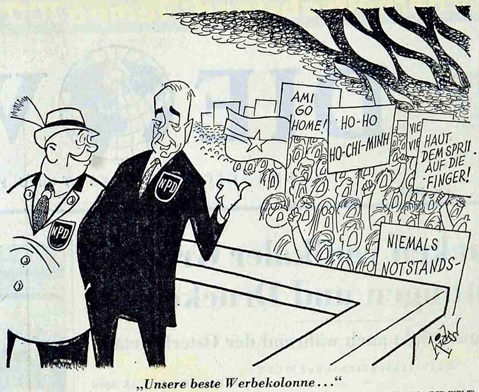 Am gleichen Tag unterstellt eine Karikatur von Wolfgang Hicks ("Die Welt", 16. April 1968) den demonstrierenden Studenten, Steigbügelhalter bzw. Werbekolonne der rechtsextremen NPD zu sein – die Landtagswahlen in Baden-Württemberg stehen kurz bevor. Eine ähnliche Tendenz zeigt sich in mehreren weiteren Karikaturen.