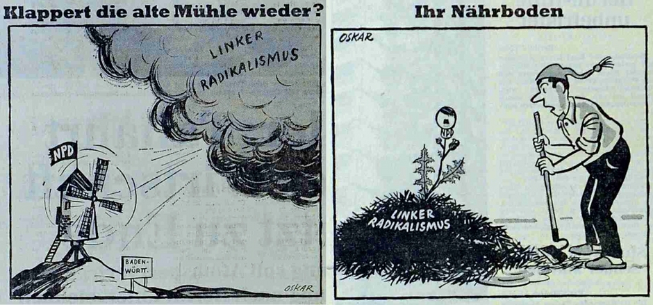 NPD-Erfolg dank radikaler Linken: zwei Oskar-Karikaturen mit dem gleichen Deutungsmuster in der "Berliner Morgenpost", die linke vom 28. April 1968 zu der an diesem Tag stattfindenden Landtagswahl in Baden-Württemberg (die NPD zog mit 9,8 Prozent in den Landtag ein), die rechte vom 17. Mai 1968. 