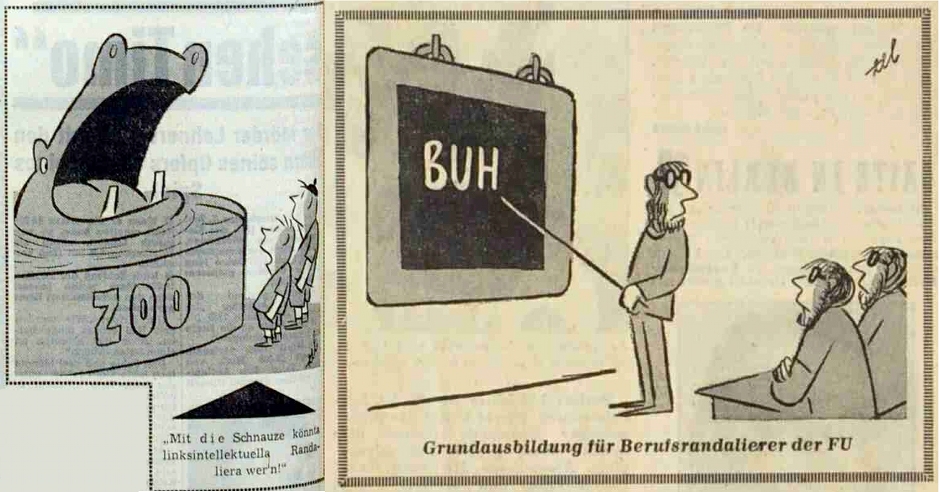 Was man als studentischer Randalierer können muss: Karikaturen von H. J. Stenzel in der Berliner "Bild" (l.) und der "Berliner Morgenpost" (r.) vom 3. Juni 1967, dem Tag nach den blutigen Protesten gegen den Schah-Besuch und den tödlichen Schüssen auf Benno Ohnesorg.
