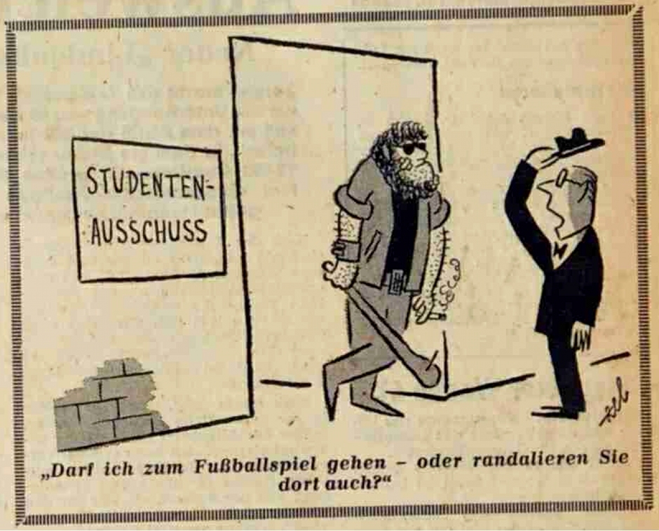 Nach den Protesten gegen den Schah-Besuch blüht das Feindbild Student: H. J. Stenzel karikiert linke Studenten (hier: "Berliner Morgenpost", 4. Juni 1967) mit Vorliebe als brutal und meist auch leicht dümmlich aussehende, haarige und grobschlächtige Schlägertypen, irgendwo zwischen Gangster und Höhlenmensch.