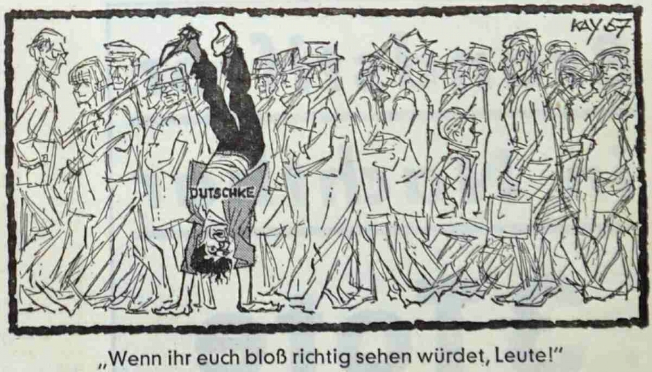 Verdrehte Perspektive eines isolierten Sonderlings: Eher wirr als gefährlich erscheint Dutschke bei seinem ersten karikaturistischen Auftritt in einem Springer-Blatt (B.Z., 18. September 1967), gezeichnet von "Kay" Paul Labowsky. Die Karikatur begleitet einen Kommentar, in dem er als "Chef-Revoluzzer", "Mann mit dem fanatischen Stechblick" und "politischer Sektierer" bezeichnet wird.