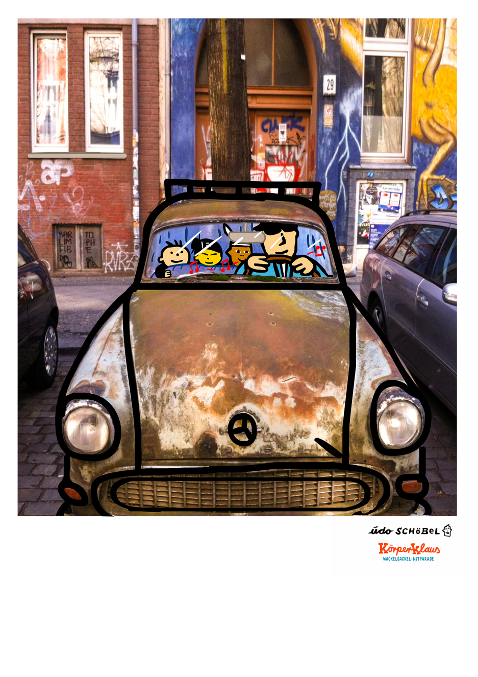 Malender Musiker mit singenden Cartoonfiguren