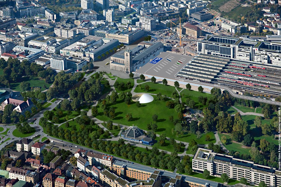 Der Schlossgarten wird wieder angelegt. Darin ein Amphitheater, das als (Open-Air-)Kleinkunstbühne dienen soll, wie sie einst der Landespavillon geboten hat. Visualisierung: kunz-av und Klaus Gebhard