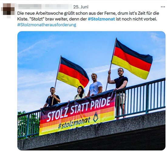 Stolzmonat statt Pride Month heißt es bei der "Jungen Alternative". Screenshot: Twitter Stolzmonat statt Pride Month heißt es bei der "Jungen Alternative". Screenshot: Twitter