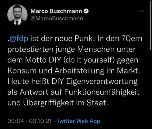 FDP ist der neue Punk, Krieg ist Frieden und Eigentum ist Freiheit. Screenshot: Twitter