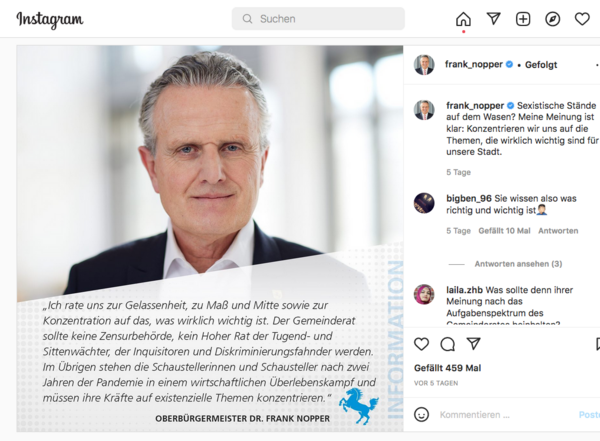 Offizielle Verlautbarung des Oberbürgermeisters. Screenshot: Instagram 