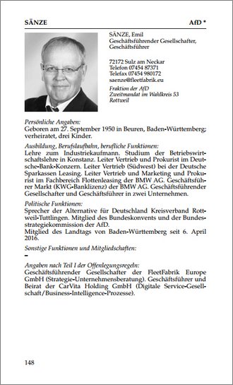 Eintrag zu Emil Sänze im aktuellen Volkshandbuch des baden-württembergischen Landtags.