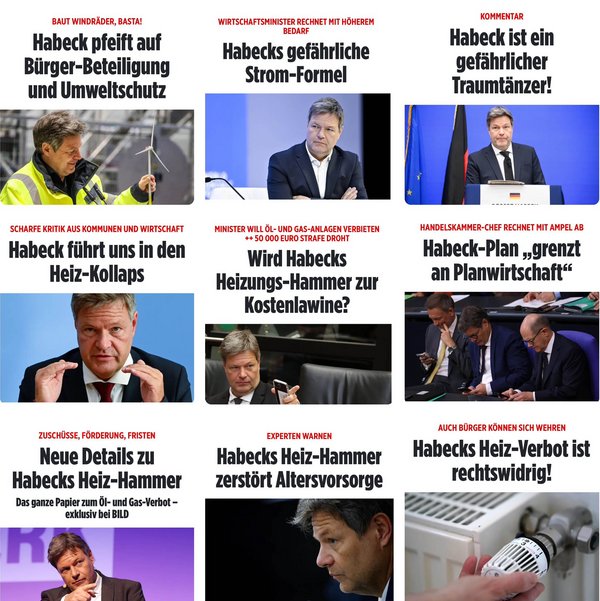 Schlagzeilen gegen Wirtschaftsminister Robert Habeck. Screenshots: www.bild.de 