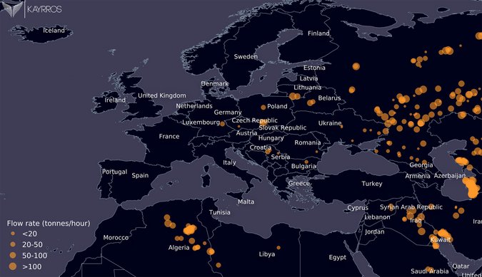 Die orangenen Punkte auf der Weltkarte lokalisieren Methan-Lecks. Quelle: Kayrros Die orangenen Punkte auf der Weltkarte lokalisieren Methan-Lecks. Quelle: Kayrros