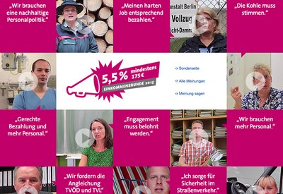 Der Beamtenbund macht mobil zur Gehaltsrunde 2015, in rosa mit Videos, Statements und Sonderseiten. Screenshot