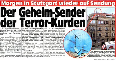 Nach diesem "Bild"-Artikel vom 27. Februar 1999 erhält das Freie Radio für Stuttgart eine Bombendrohung.