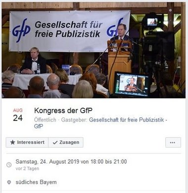Die GfP wirbt online für ihren Kongress im "südlichen Bayern". Screenshot: Facebook Die GfP wirbt online für ihren Kongress im "südlichen Bayern". Screenshot: Facebook