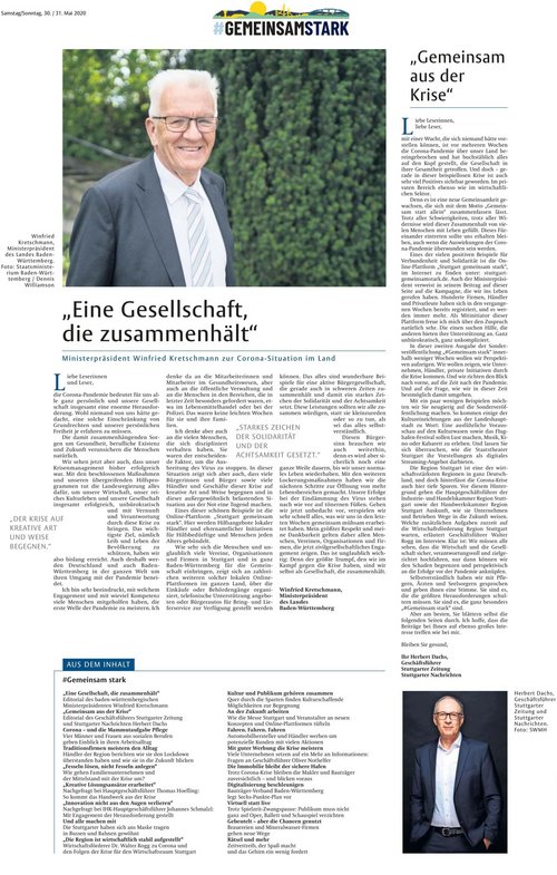 Warme Worte kommen im aktuellen "Wochenblatt" auch von Winfried Kretschmann und Herbert Dachs (rechts), Geschäftsführer der StZN und der Stuttgarter Zeitung Werbevermarktung GmbH.