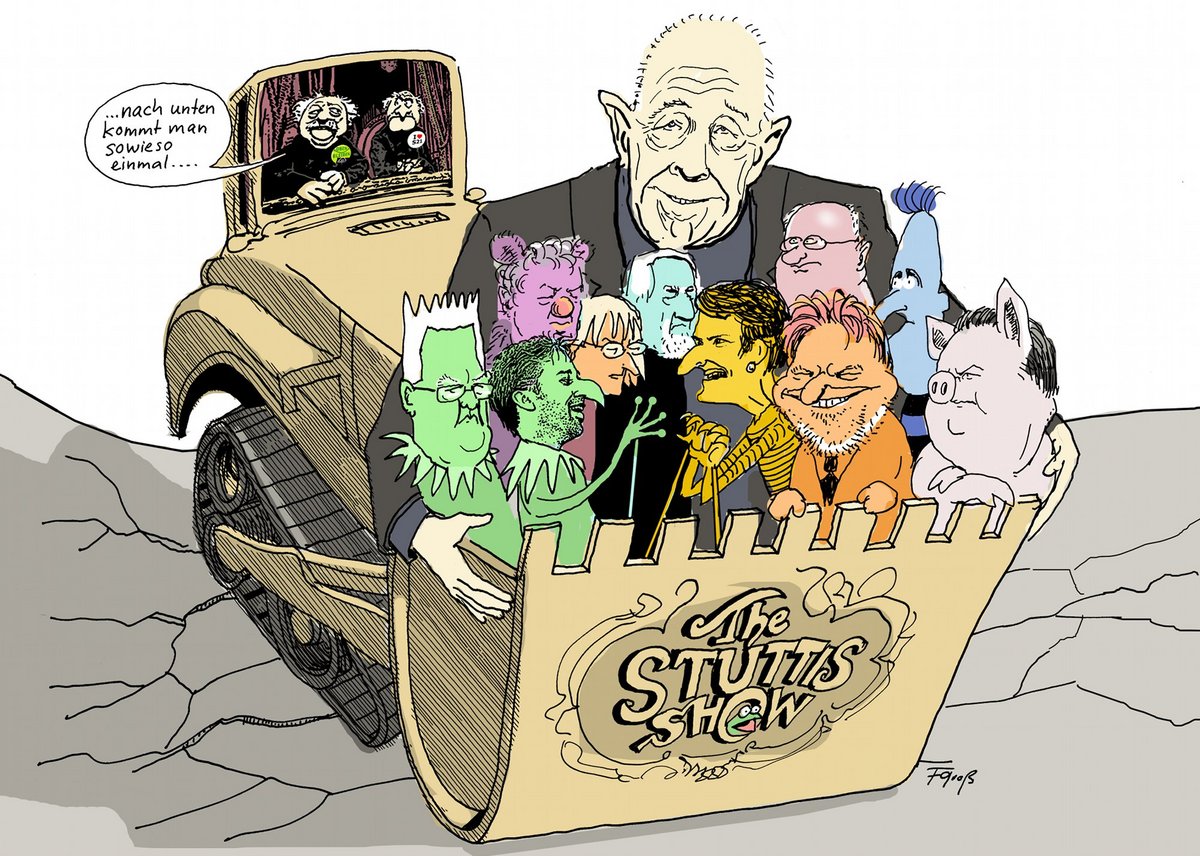 Applaus, Applaus, Applaus: Heiner Geißler mit den Schlichtungs-Muppets Winfried Kretschmann, Boris Palmer, Peter Conradi, Brigitte Dahlbender, Gangolf Stocker, Tanja Gönner, Volker Kefer, Georg Brunnhuber, Wolfgang Schuster und Stefan Mappus (v.l.n.r.). Applaus, Applaus, Applaus: Heiner Geißler mit den Schlichtungs-Muppets Winfried Kretschmann, Boris Palmer, Peter Conradi, Brigitte Dahlbender, Gangolf Stocker, Tanja Gönner, Volker Kefer, Georg Brunnhuber, Wolfgang Schuster und Stefan Mappus (v.l.n.r.). Karikatur: Friederike Groß. Erstmals erschienen am 6. November 2010 in der "Stuttgarter Zeitung".