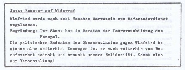 Auszug aus einem Flugblatt der "Initiative gegen Berufsverbote" in Hohenheim vom 28.10.1975.  