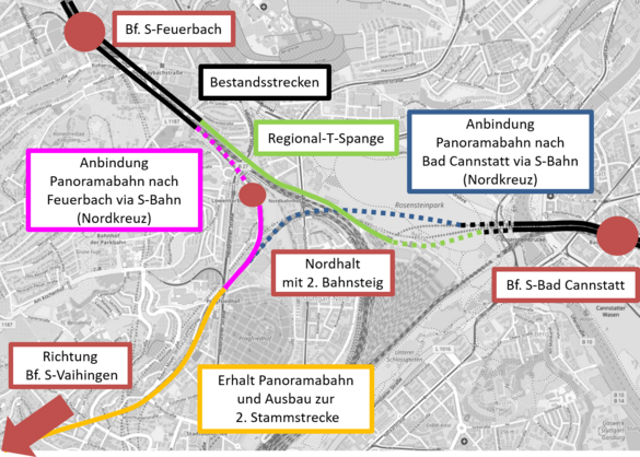 Neue Querverbindungen: nördlicher Teil des "Nahverkehrs-Dreiecks". Grafiken: Verkehrsministerium BW Neue Querverbindungen: nördlicher Teil des "Nahverkehrs-Dreiecks". Grafiken: Verkehrsministerium BW