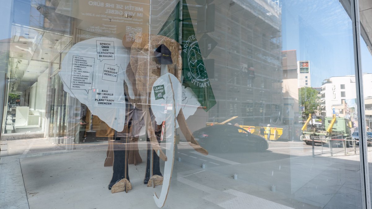 In der Eberhardstraße gastiert ein Elefant der Architects for Future im Schaufenster der Galeria Kaufhof. Foto: Jens Volle