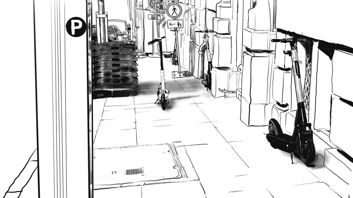 Scooter, Baustellenbaken und Parkscheinautomat im Weg.