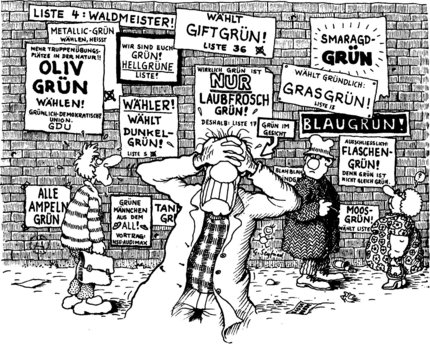 Unter verschiedenen Namen treten grüne Listen ab 1976 an. Karikatur: Gerhard Seyfried, ca. 1977/78
