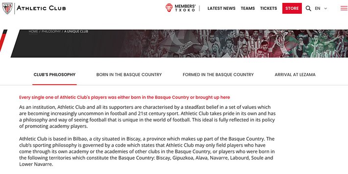 Athletico Bilbao hat eine andere Philosophie und lebt sie auch. Screenshot: www.athletic-club.eus