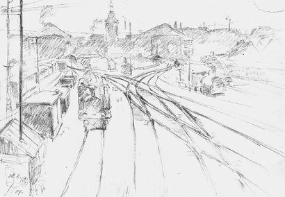 Zuerst skizzierte Pleuer die Geometrie der Einfahrtsgleise des alten Bahnhofs mit Bleistift...