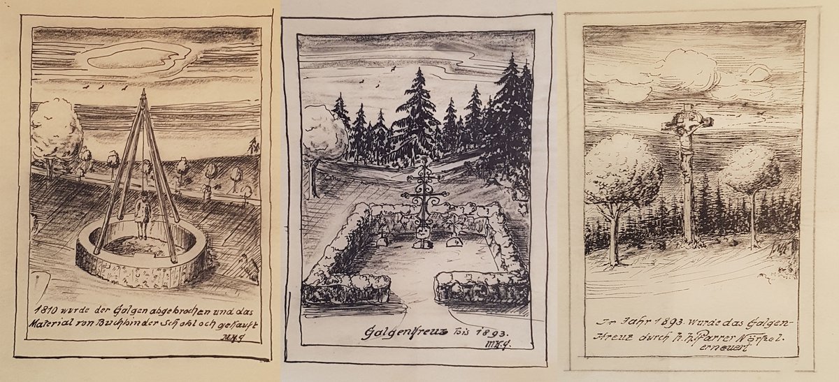 So hat Monika Hansers Großvater die Geschichte der Richtstätte gezeichnet (von links): der Galgen bis 1810, das Kreuz bis 1893 und das danach erneuerte Mahnmal. Fotos: privat So hat Monika Hansers Großvater die Geschichte der Richtstätte gezeichnet (von links): der Galgen bis 1810, das Kreuz bis 1893 und das danach erneuerte Mahnmal. Fotos: privat