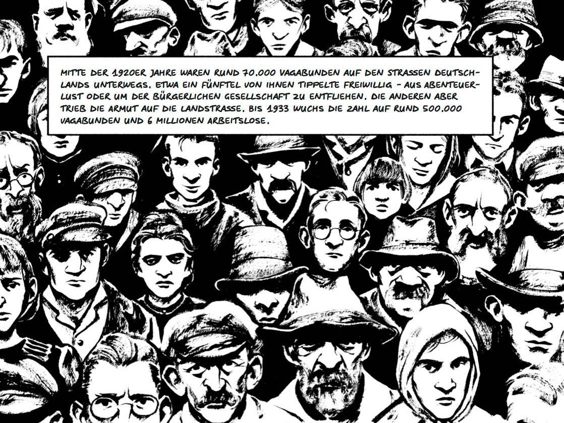 Expressive Schwarzweiß-Zeichnungen: Bea Davies und Patrick Spät geben in ihrem Comic den Vagabunden der 1920er-Jahre ein Gesicht. Mehr Bilder mit Klick auf den Pfeil. Bilder: Avant-Verlag. Expressive Schwarzweiß-Zeichnungen: Bea Davies und Patrick Spät geben in ihrem Comic den Vagabunden der 1920er-Jahre ein Gesicht. Mehr Bilder mit Klick auf den Pfeil. Bilder: Avant-Verlag.