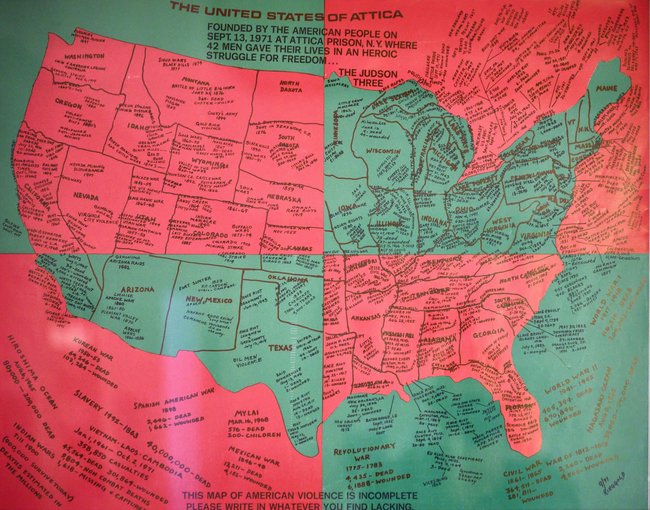 Faith Ringgolds Plakat "United States of Attica" mit Gewalttaten und Aufständen, nach dem Aufstand im Attica State Prison 1971 gedruckt und weit verbreitet. Faith Ringgolds Plakat "United States of Attica" mit Gewalttaten und Aufständen, nach dem Aufstand im Attica State Prison 1971 gedruckt und weit verbreitet.