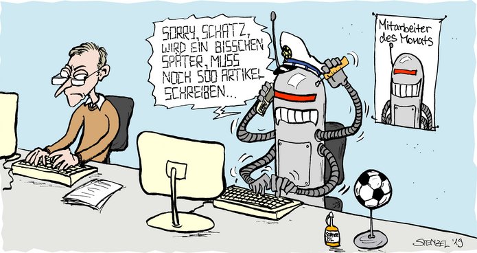 Der Roboredakteur spielt bei Sport- und Polizeimeldungen längst ganz vorne mit. Karikatur: Oliver Stenzel