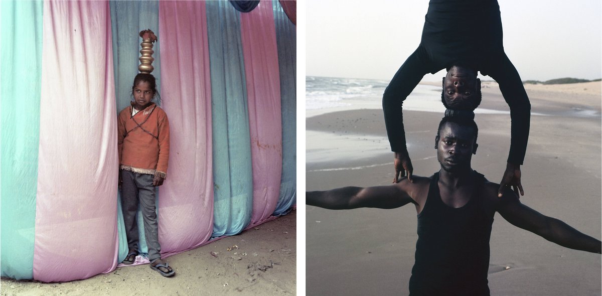 Ajmer, Rajasthan, Indien, 2019: Reema (7) tanzt seit drei Jahren auf dem Drahtseil, um sich und ihre Familie zu ernähren. Sie leben in Zelten. Rechts ein Foto aus Cafountine, Senegal, 2019: Mohammed Bangora (31) und Mohamed Balde (25) bei einem Auftritt am Strand.
