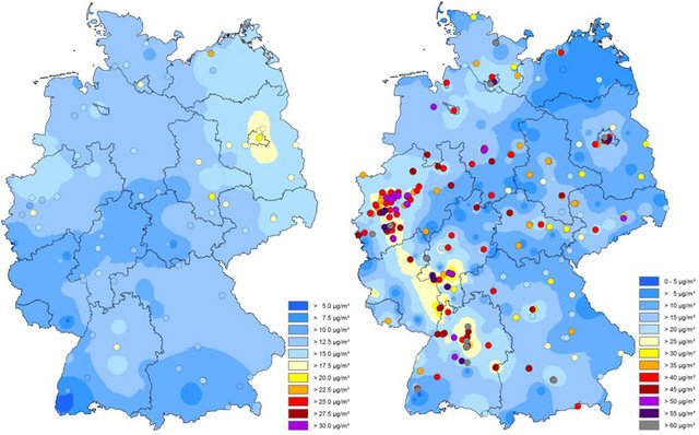 Deutschland: Jahresmittelwerte 2014 für Feinstaub (PM 2,5, links) und für Stickstoffdioxid (rechts). Punktuell hohe Belastungen sind zusätzlich und nicht flächenrepräsentativ durch Farbkreise gekennzeichnet (Spot-Darstellung). Quelle: UBA
