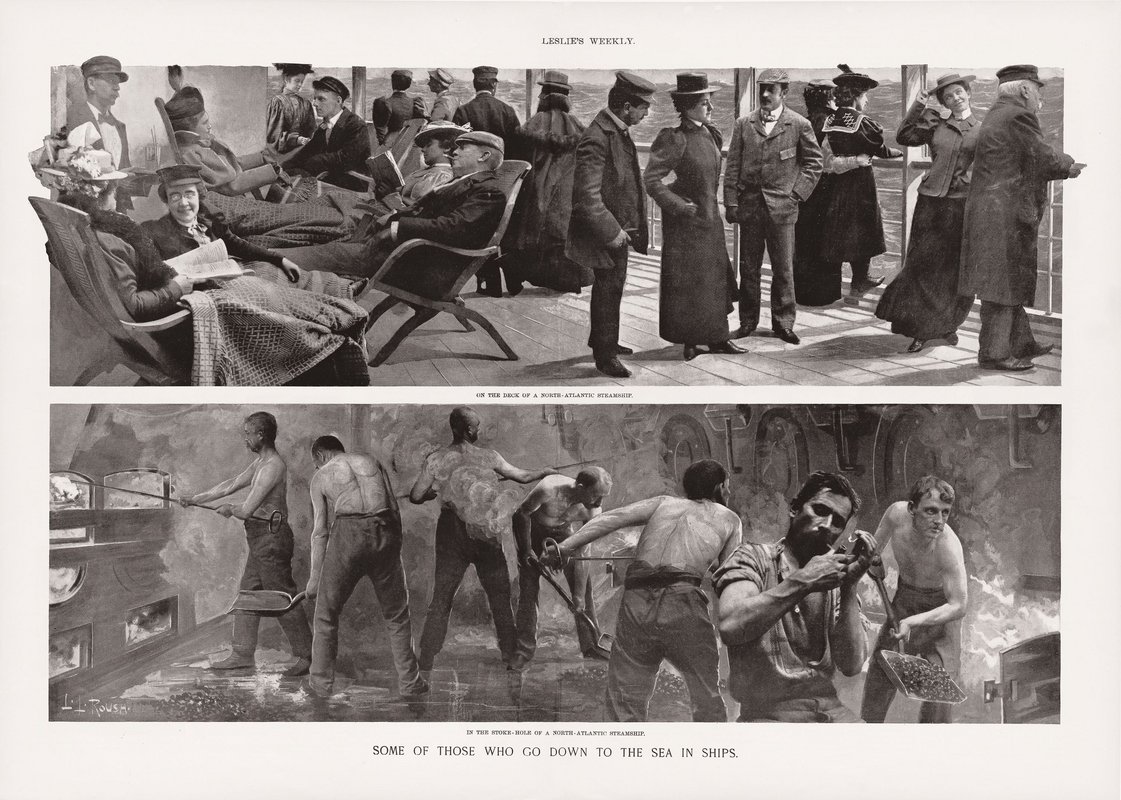 Sozialkritische Montage: "Einige von denen, die auf dem Meer in Schiffen einfahren" von L.L. Roush (Leslie's Weekly, 19.08.1897); mit der angewandten Technik der Reliefätzung konnten Fotovorlagen reproduziert werden.