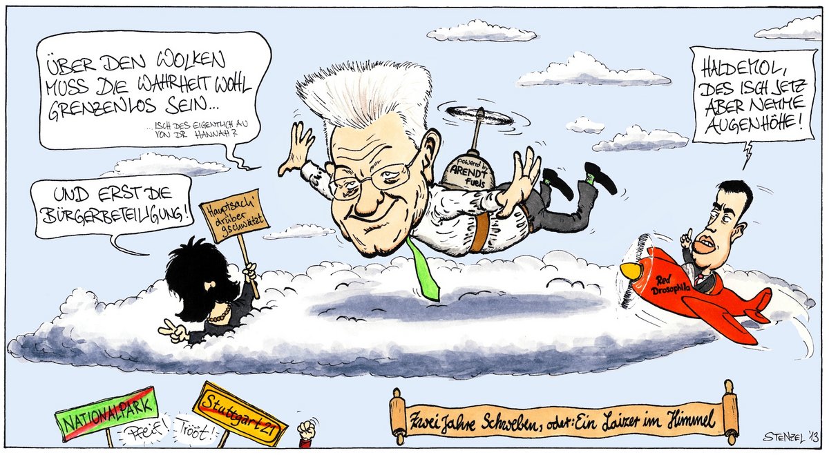 Karikatur von Oliver Stenzel nach zwei Jahren Grün-Rot aus dem Jahr 2013. Mehr Ministerpräsident gibt es mit Klick aufs Bild. 