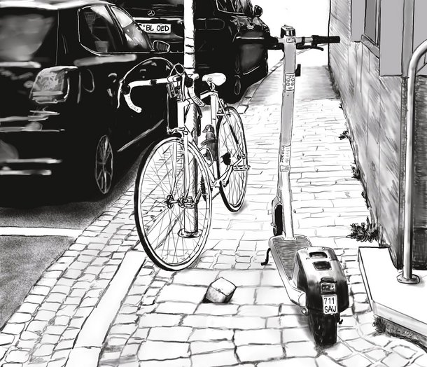 Auf frischer Tat ertappt, fotografiert und übermalt: Scooter, Rad und Auto im Weg.