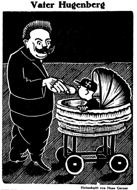 Alfred Hugenberg als Förderer der Rechten: Karikatur von Hans Gerner in der Stuttgarter "Sonntags-Zeitung", 3.11.1929.