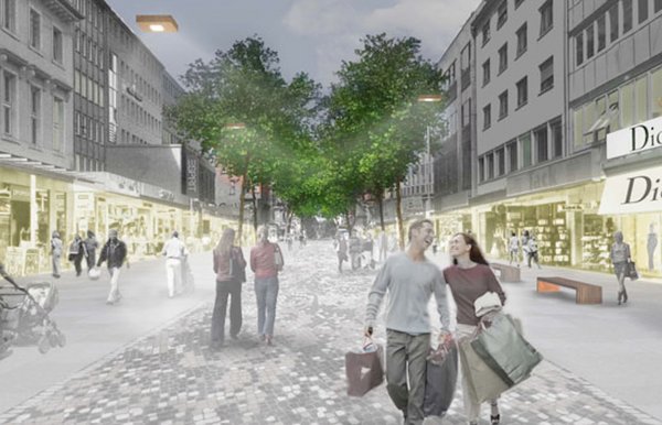 Kauffreudige Menschen, Baumkronen in Herzform: So will die Stadtverwaltung die Kaiserstraße. Illustration: Mettler Landschaftsarchitektur