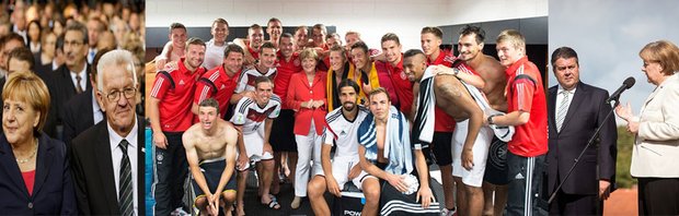 Merkel & Männer: mit Winfried Kretschmann, der Nationalelf und ihrem Stellvertreter Siegmar Gabriel. Fotomontage: Kontext