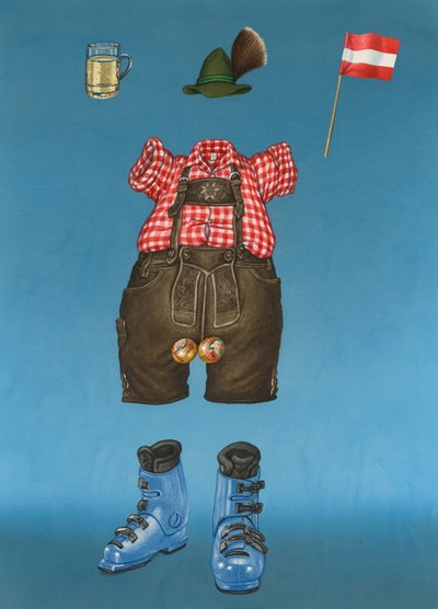 Skischuhe, Mozartkugeln, ein Filzhut und Bier. Skischuhe, Mozartkugeln, ein Filzhut und Bier.