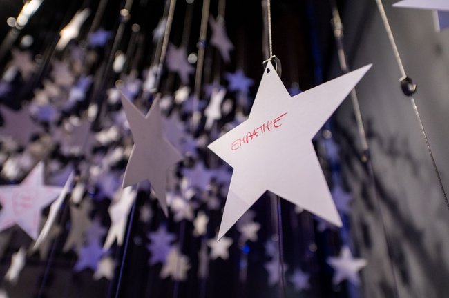 Was braucht eine Gesellschaft, damit sich Zugewanderte und Dagebliebene wohlfühlen? Die Besucher:innen können ihre Ideen per Pappstern teilen.