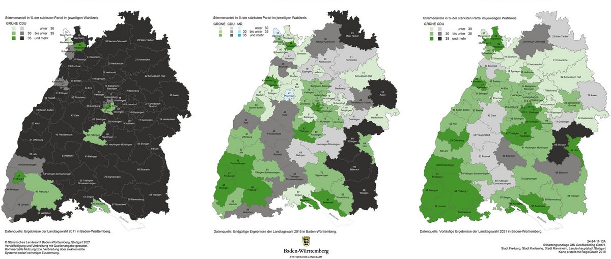 Baden-Württemberg ergrünt – die Erstmandate in den Wahlkreisen bei den Landtagswahlen 2011, 2016 und 2021. Quelle: Statistisches Landesamt Baden-Württemberg