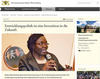 "Baden-Württemberg übernimmt Verantwortung in der Entwicklungszusammenarbeit." So steht es auf der Webseite des Staatsministeriums. Screenshot