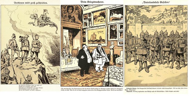 Links: „Verdienen wird groß geschrieben“ (1. 9. 1914): Großbritannien, symbolisiert durch die Nationalfigur John Bull, wird für seine Profitgier geschmäht und dafür, Japans Kriegseintritt gegen Deutschland betrieben zu haben. Mitte: „Beim Krieg