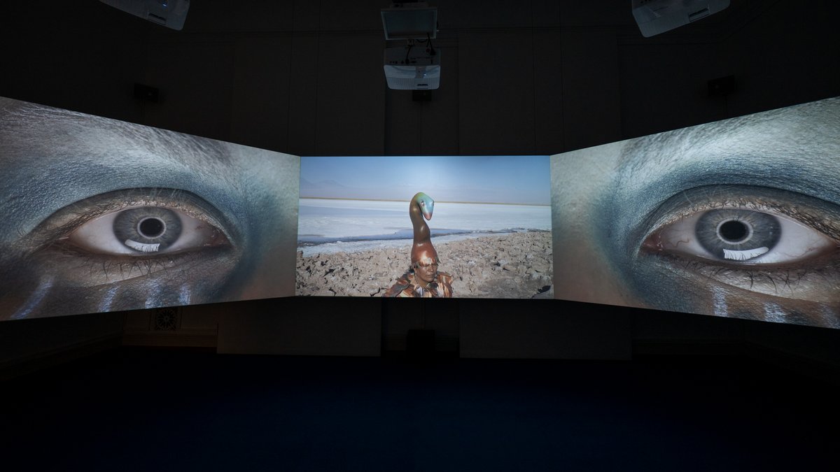 Videoinstallation mit Frau im Schlangenkostüm.