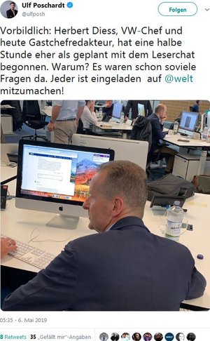 Lob vom Chefredakteur. Screenshot: Twitter