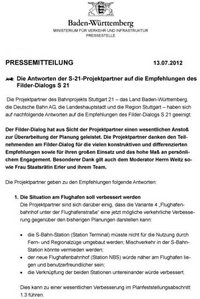 Dürre Pressemitteilung nach Filder-Dialog.