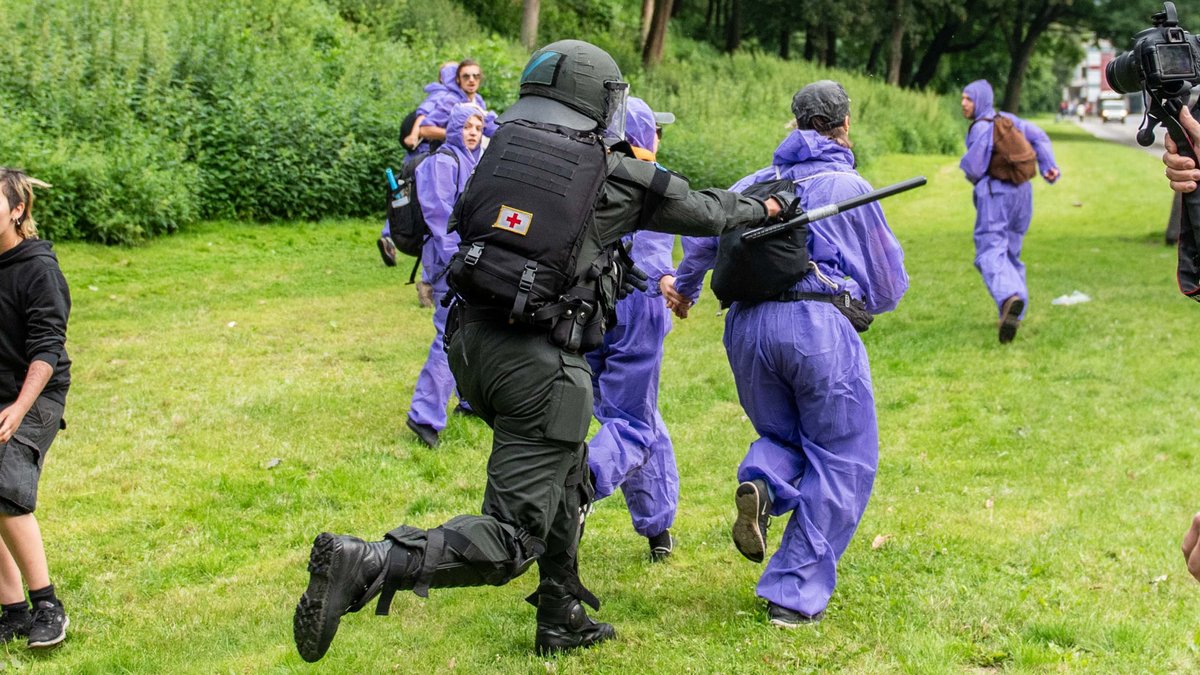 Mindestens einem hat das Spaß gemacht: Schlagstockeinsatz gegen Demonstrant:innen beim G20-Gipfeltreffen in Hamburg, Juli 2017. Foto: Jens Volle