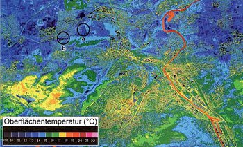 Oberflächentemperatur Stadtgebiet Stuttgart zwischen 3 und 5 Uhr morgens. Quelle: Stadtklimatologe Stuttgart